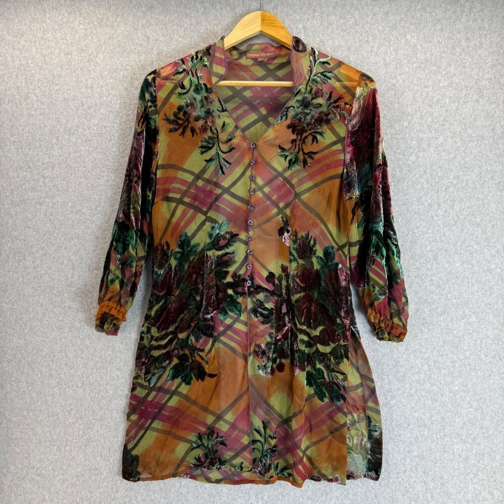 Barbara Lohmann Womens Button Front Tunic Blouse Floral Velvet Size 36 US‎ Small